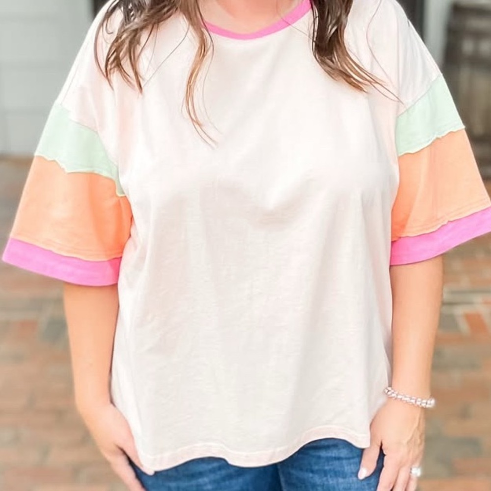 Casual pink, orange, and green boutique shirt